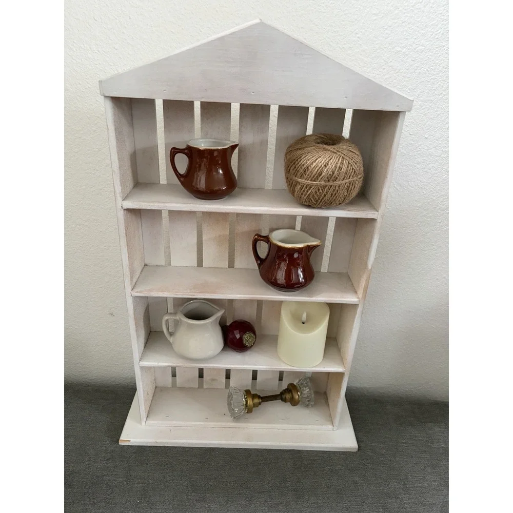 Vintage White Wood House Shaped Trinket Minature Display Shelf Grannycore 23x15